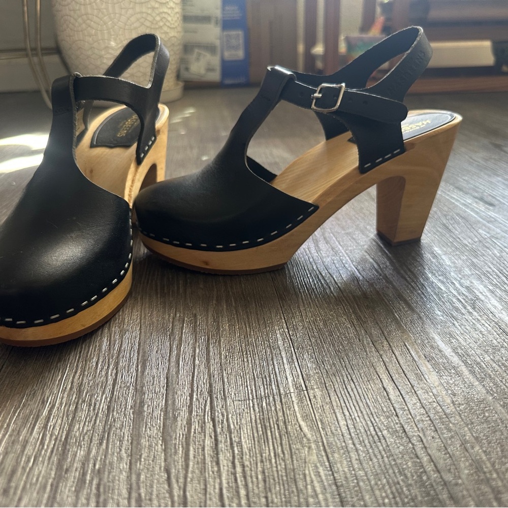 Swedish Hasbeens Black Leather Mules with Wooden Heel